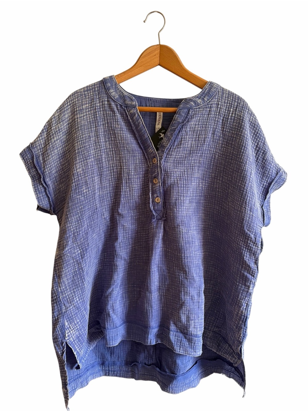 Boho Baggy Short-Sleeve Henley Tunic 100% Cotton Sz L/XL